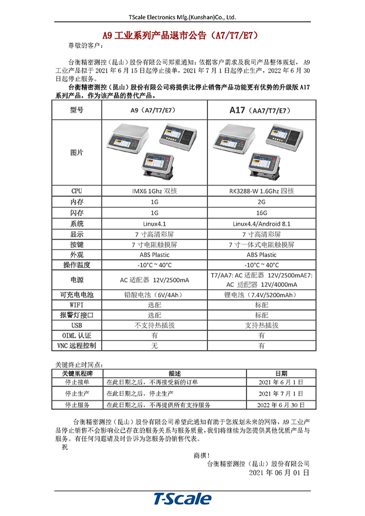 臺衡智能秤-A9系列工業(yè)產(chǎn)品(A7/T7/E7)退市公告